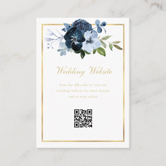 navy and gold QR code wedding website Enclosure Card (Front)