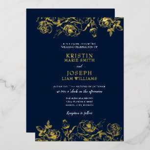 Navy and Gold Rose Garden Foil Invitation
