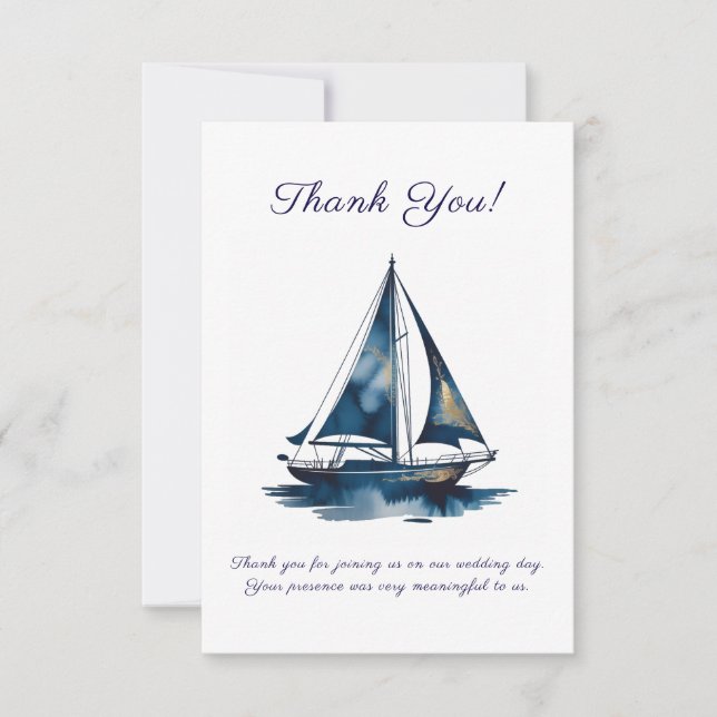 Navy And Gold Sailboat Nautical Wedding Thank You Card (Front)