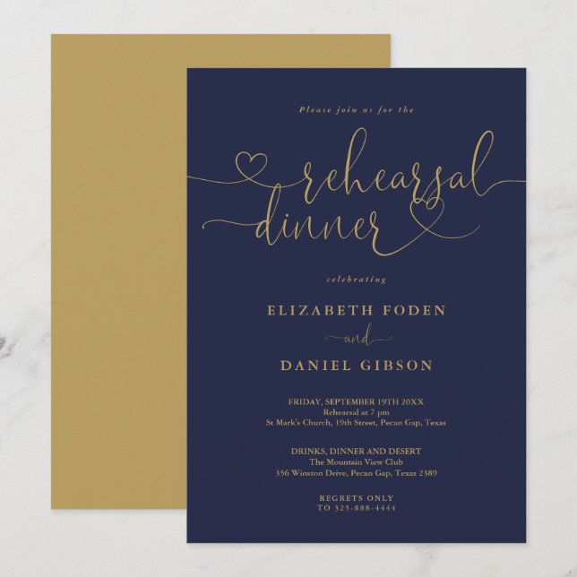 Navy And Gold Script Wedding Rehearsal Dinner Invitation (Front/Back)