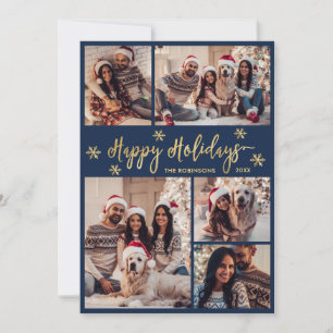 Navy and Gold Snowflake 5 Photo Collage Christmas Holiday Card