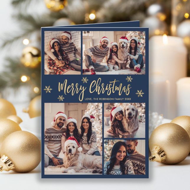 Navy and Gold Snowflake 6 Photo Collage Christmas  Holiday Card (Creator Uploaded)
