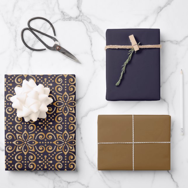 Navy and Gold Square Mandala  Wrapping Paper Sheet (Front)