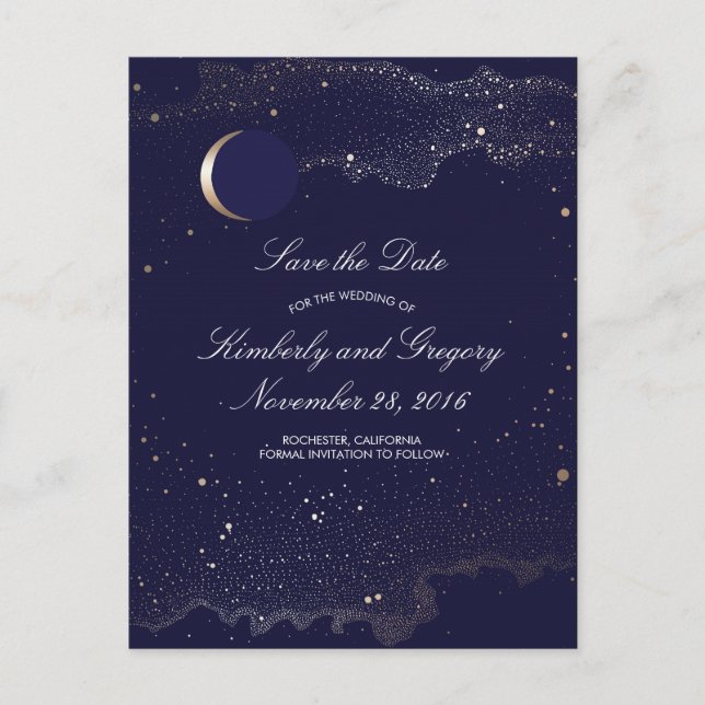 Navy and Gold Starry Night Moon Save the Date Announcement Postcard (Front)