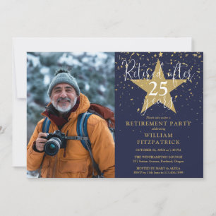 Navy And Gold Stars Photo Retirement Party Invitation