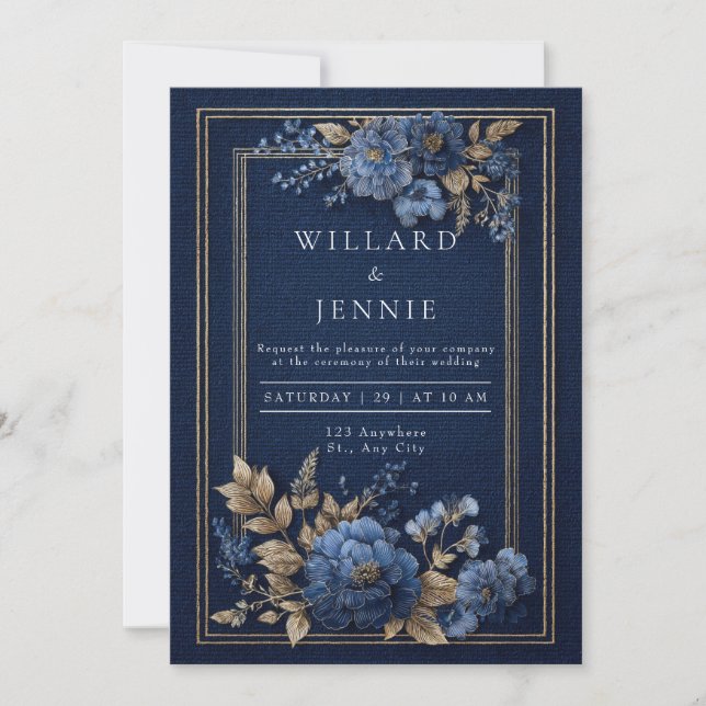 Navy and Gold Textured Floral Wedding Invitation (Front)