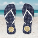 Navy and Gold Tiny Dots Monogram Flip Flops<br><div class="desc">Custom printed flip flop sandals with a cute girly polka dot pattern and your custom monogram or other text in a circle frame. Click Customize It to change text fonts and colours or add your own images to create a unique one of a kind design!</div>
