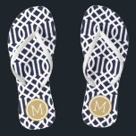 Navy and Gold Trellis Monogram Flip Flops<br><div class="desc">Custom printed flip flop sandals with a stylish modern trellis pattern and your custom monogram or other text in a circle frame. Click Customize It to change text fonts and colours or add your own images to create a unique one of a kind design!</div>