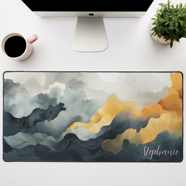 Navy And Gold Watercolor Abstract Personalized Desk Mat (Creator Uploaded)