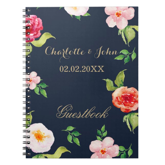 navy and gold watercolor flowers wedding notebook (Front)