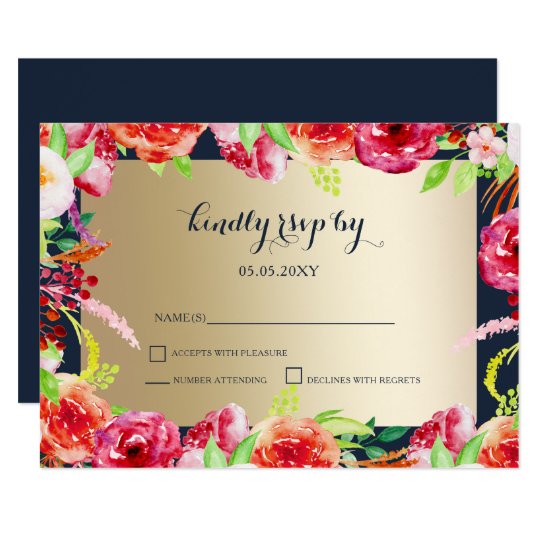 navy and gold watercolor flowers wedding rsvp card