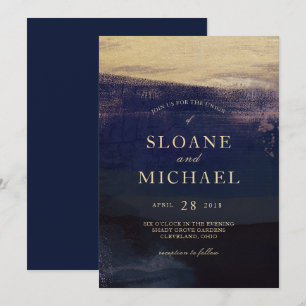 Navy and Gold Watercolor Wash Modern Wedding Invitation