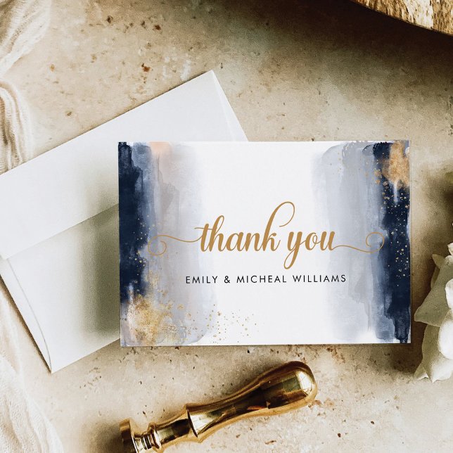 Navy and Gold Wedding Ceremony Flat Thank You Card (Creator Uploaded)