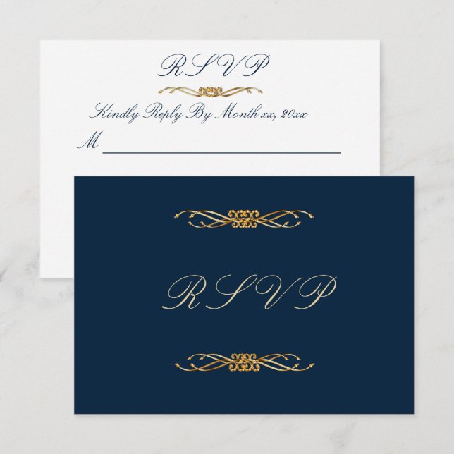 Navy and Gold Wedding Elegant Formal Reply RSVP Card (Front/Back)