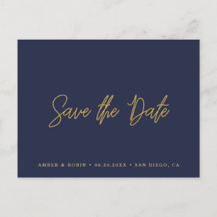 Navy and Gold Wedding Save the Date Announcement Postcard
