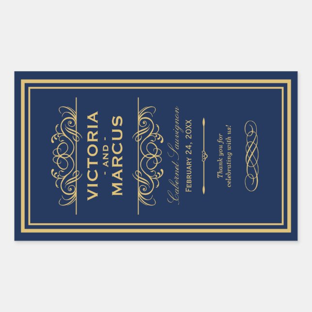 Navy and Gold Wedding Wine Bottle Monogram Favour Sticker (Front)