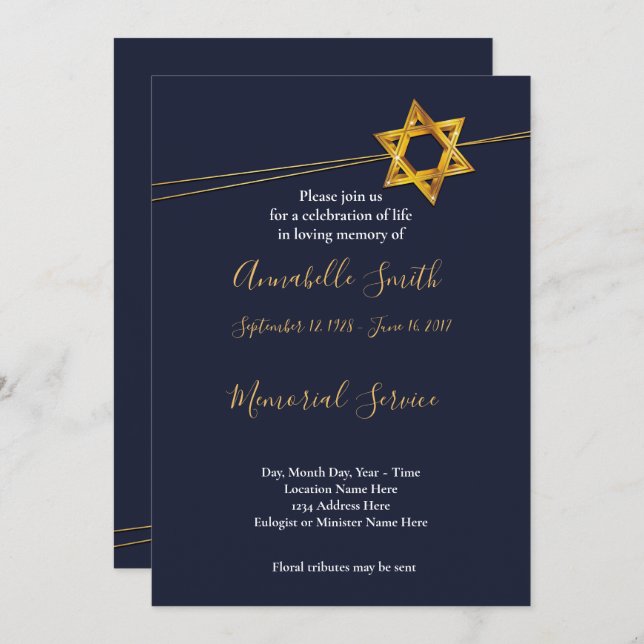 Navy and Golden Star of David   Loving Memory Invitation (Front/Back)