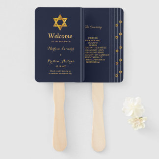 Navy and Golden Star of David Wedding Program Hand Fan