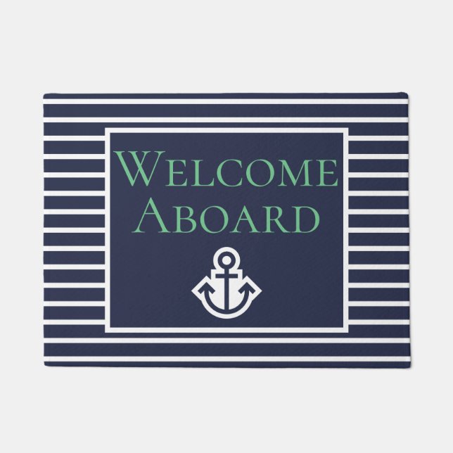Navy and Green Anchor Welcome Aboard Boat Doormat (Front)