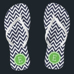 Navy and Green Chevron Monogram Flip Flops<br><div class="desc">Custom printed flip flop sandals with a stylish modern chevron pattern and your custom monogram or other text in a circle frame. Click Customize It to change text fonts and colours or add your own images to create a unique one of a kind design!</div>