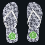 Navy and Green Greek Key Monogram Flip Flops<br><div class="desc">Custom printed flip flop sandals with a stylish modern Greek key pattern and your custom monogram or other text in a circle frame. Click Customize It to change text fonts and colours or add your own images to create a unique one of a kind design!</div>