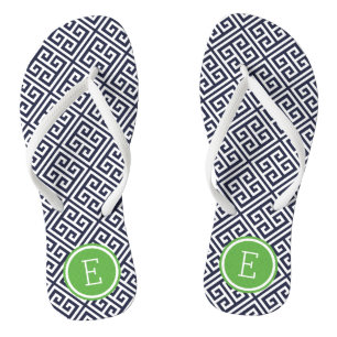 Navy and Green Greek Key Monogram Flip Flops