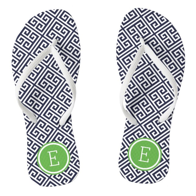 Navy and Green Greek Key Monogram Flip Flops (Footbed)