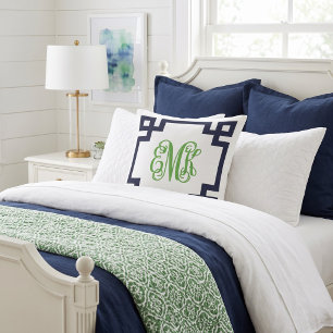 Navy and Green Greek Key Script Monogram Throw Pillow