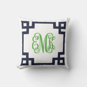 Navy and Green Greek Key Script Monogram Throw Pillow
