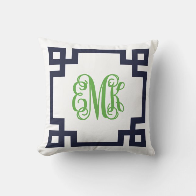 Navy and Green Greek Key Script Monogram Throw Pillow (Front)