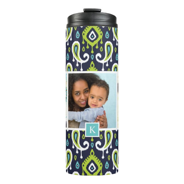 Navy and Green Ikat Paisley Custom Photo Monogram Thermal Tumbler (Front)