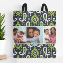 Navy and Green Ikat Paisley Family Photo Monogram