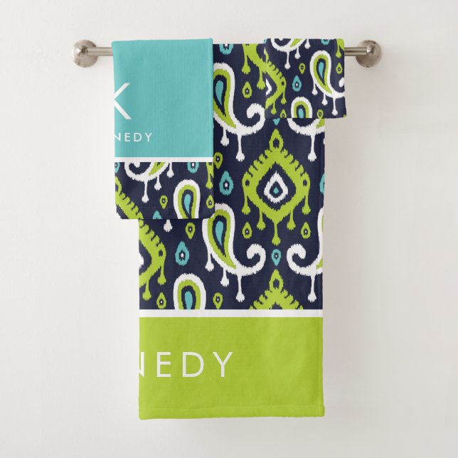 Navy and Green Ikat Paisley Monogram Bath Towel Set (Insitu)