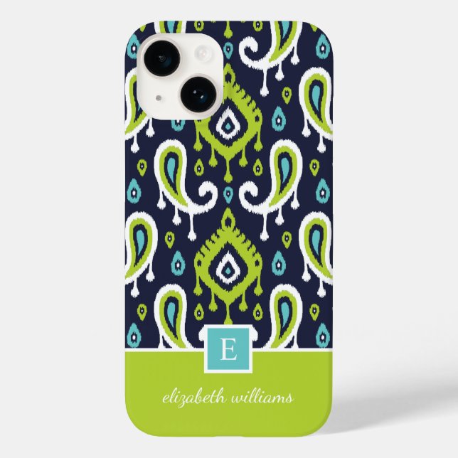 Navy and Green Ikat Paisley Monogram Case-Mate iPhone Case (Back)