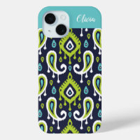 Navy and Green Ikat Paisley Monogram