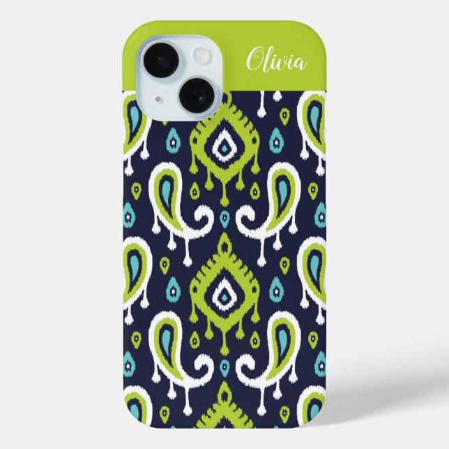 Navy and Green Ikat Paisley Monogram Case-Mate iPhone Case (Back)