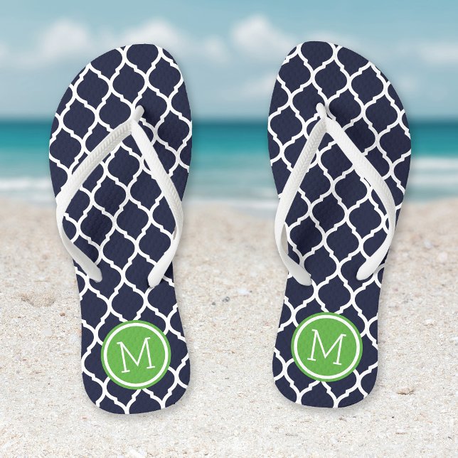 Navy and Green Moroccan Quatrefoil Monogram Flip Flops (Creator Uploaded)