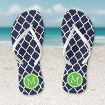 Navy and Green Moroccan Quatrefoil Monogram Flip Flops<br><div class="desc">Custom printed flip flop sandals with a stylish Moroccan quatrefoil pattern and your custom monogram or other text in a circle frame. Click Customize It to change text fonts and colours or add your own images to create a unique one of a kind design!</div>