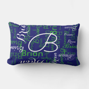 navy and green pattern of names lumbar pillow