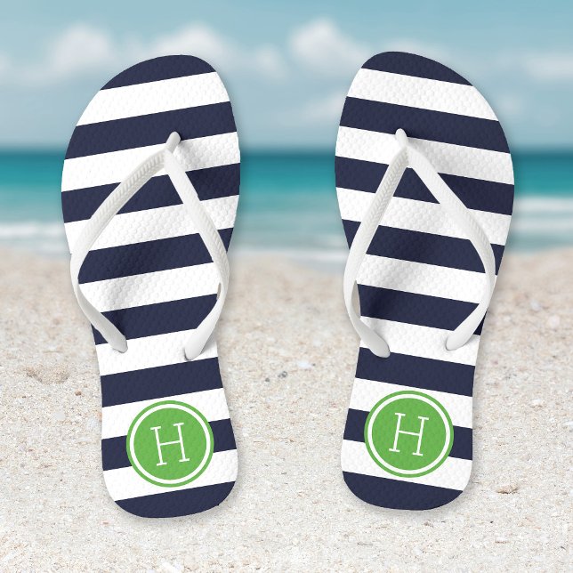 Navy and Green Preppy Stripes Monogram Flip Flops (Creator Uploaded)