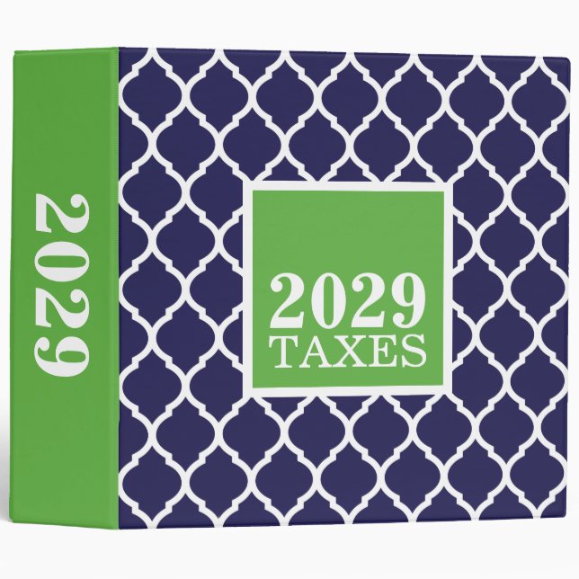 Navy and Green Quatrefoil Cute Tax Binder (Front/Spine)