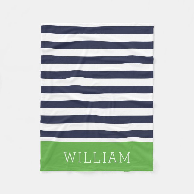 Navy and Green Stripes Monogram | Editable Colours Fleece Blanket (Front)