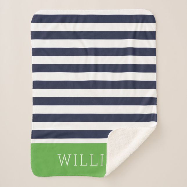 Navy and Green Stripes Monogram | Editable Colours Sherpa Blanket (Front)