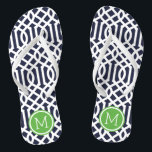 Navy and Green Trellis Monogram Flip Flops<br><div class="desc">Custom printed flip flop sandals with a stylish modern trellis pattern and your custom monogram or other text in a circle frame. Click Customize It to change text fonts and colours or add your own images to create a unique one of a kind design!</div>