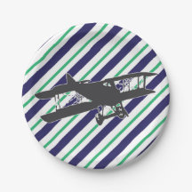 Navy and Green Vintage Airplane Paper Plates