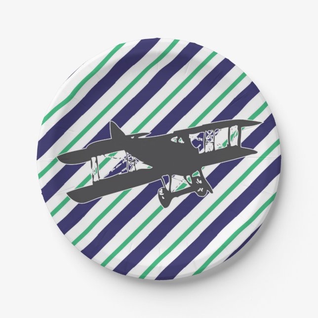 Navy and Green Vintage Airplane Paper Plates (Front)