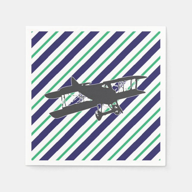 Navy and Green Vintage Biplane Airplane Napkins (Front)