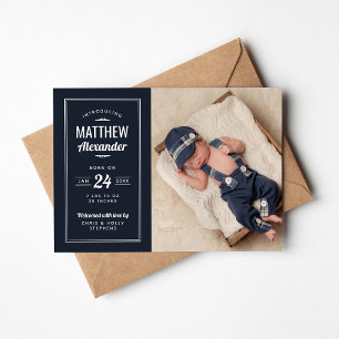 Navy and Grey Baby Boy Photo Birth Announcement