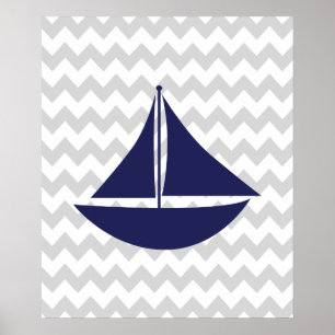 Navy and Grey Chevron Nautical Ship Poster