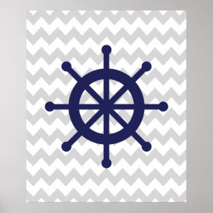 Navy and Grey Chevron Nautical Ship Wheel Poster